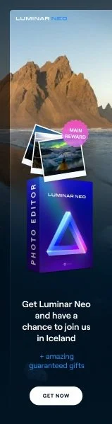 Advertisement for Luminar Neo photo editing software featuring Iceland landscapes, promoting a chance to win a trip to Iceland with guaranteed gifts, and a 'Get Now' button.