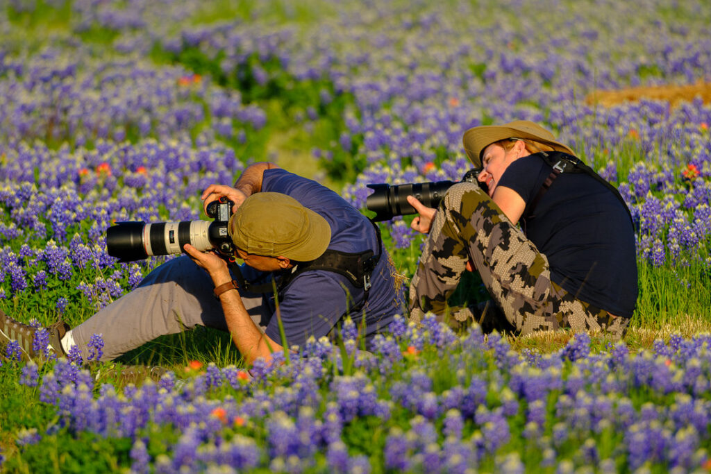 Bird photography field technique—photographer shooting at eye level for an intimate perspective